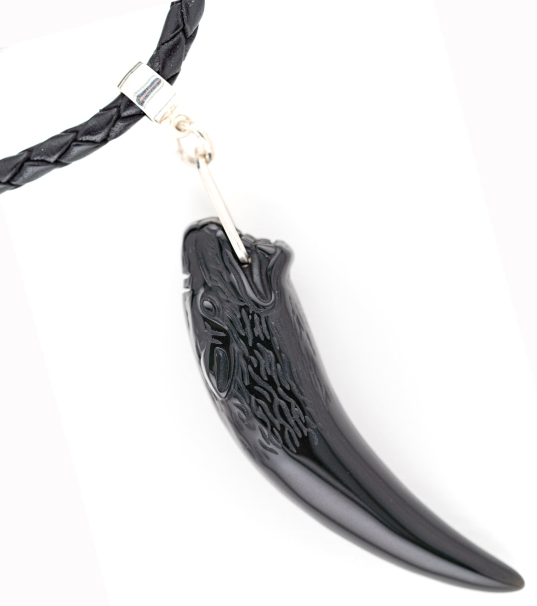 Wolf Fang Necklace in Rainbow Obsidian, 925 Silver & Black Leather